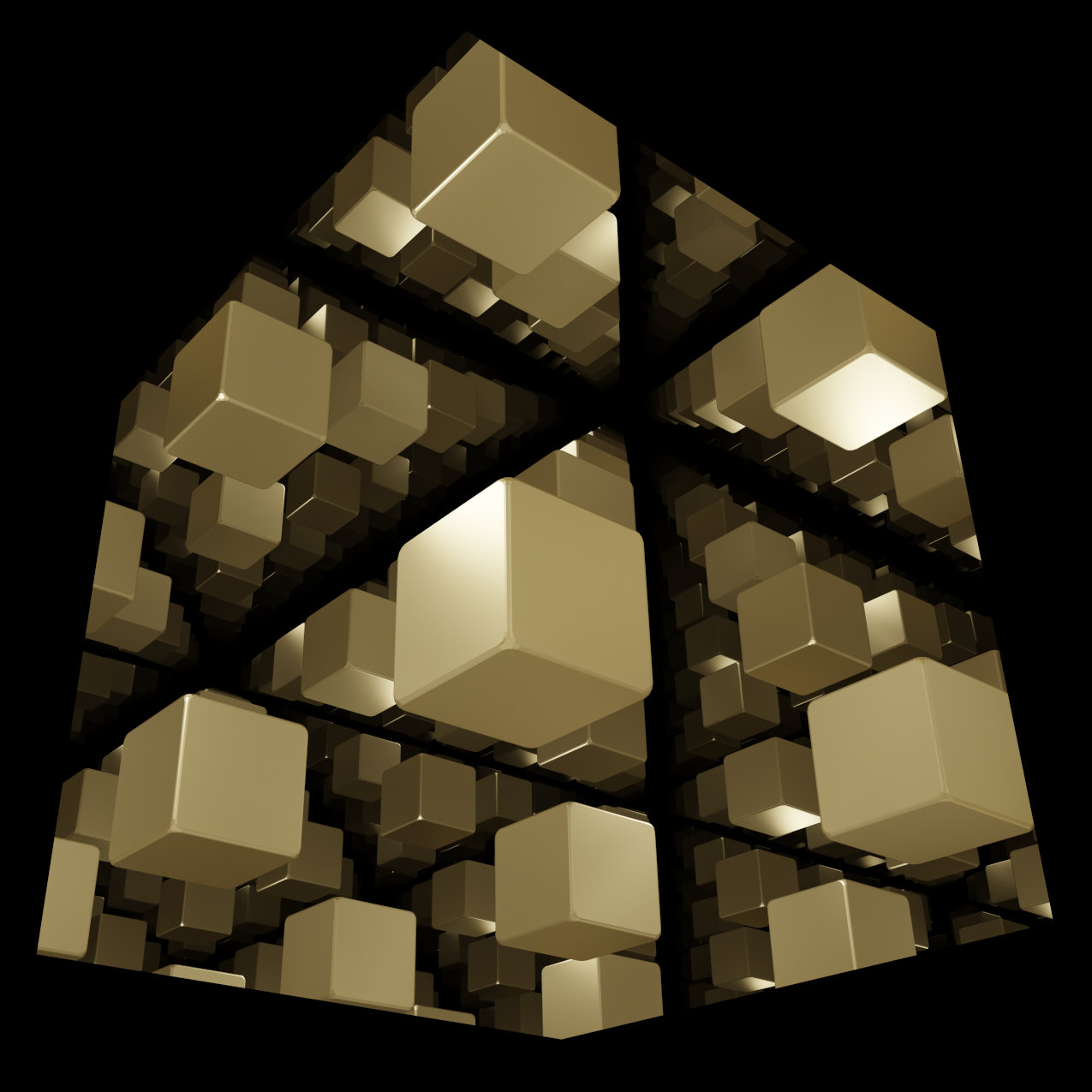 Virtual abstract scenery, Abstract digital art, Raytracing, Computer-rendered image, 2022. A golden cube appears in many reflected images in three spatial directions.