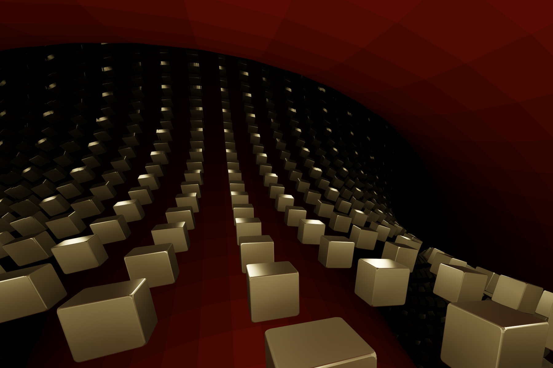 Virtuelle abstrakte Szenerie, Abstrakte digitale Kunst, Raytracing, Computer-gerendertes Bild, 2022. Ein goldener Würfel erscheint in vielen Spiegelbildern auf einer gebogenen roten Fläche.