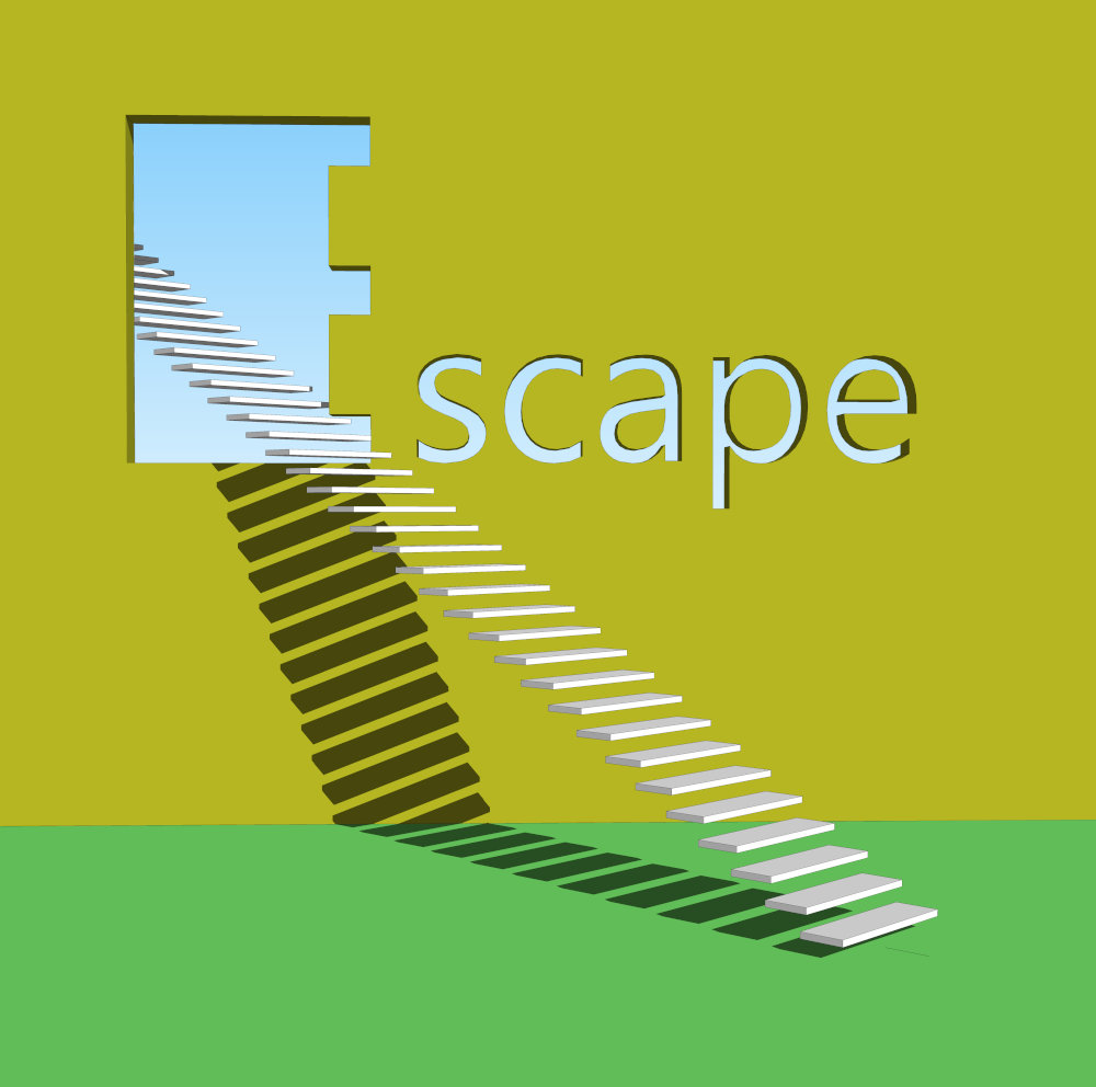 Abstrakte szenische 3D-Kunst, Raytracing, 2016. Eine Treppe erlaubt das Entkommen durch eine Wand, in der das Wort Escape eingestanzt ist.