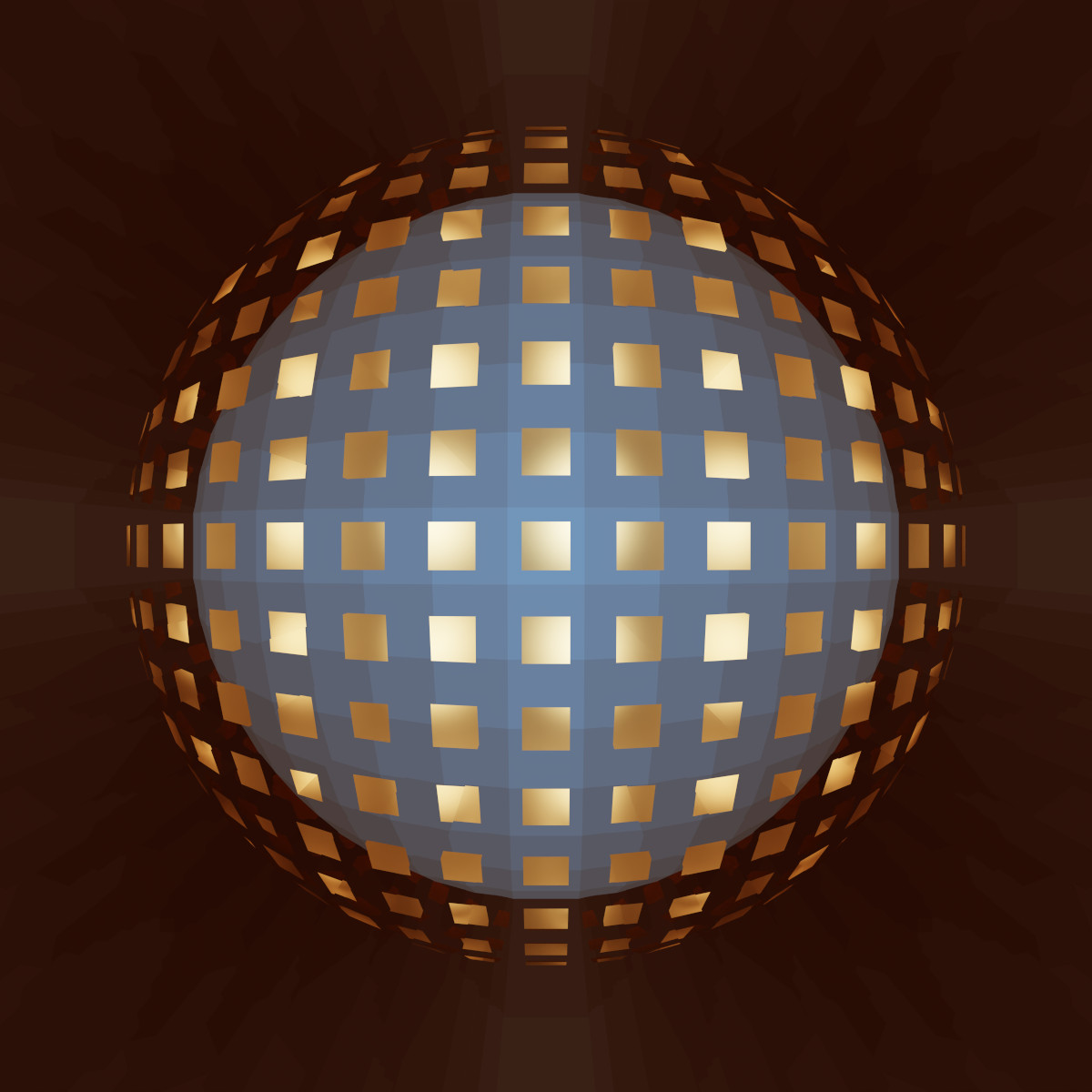 Virtual abstract scenery, Abstract digital art, Raytracing, Computer-rendered image, 2022. A golden square appears in many reflections forming a seemingly perfect sphere.