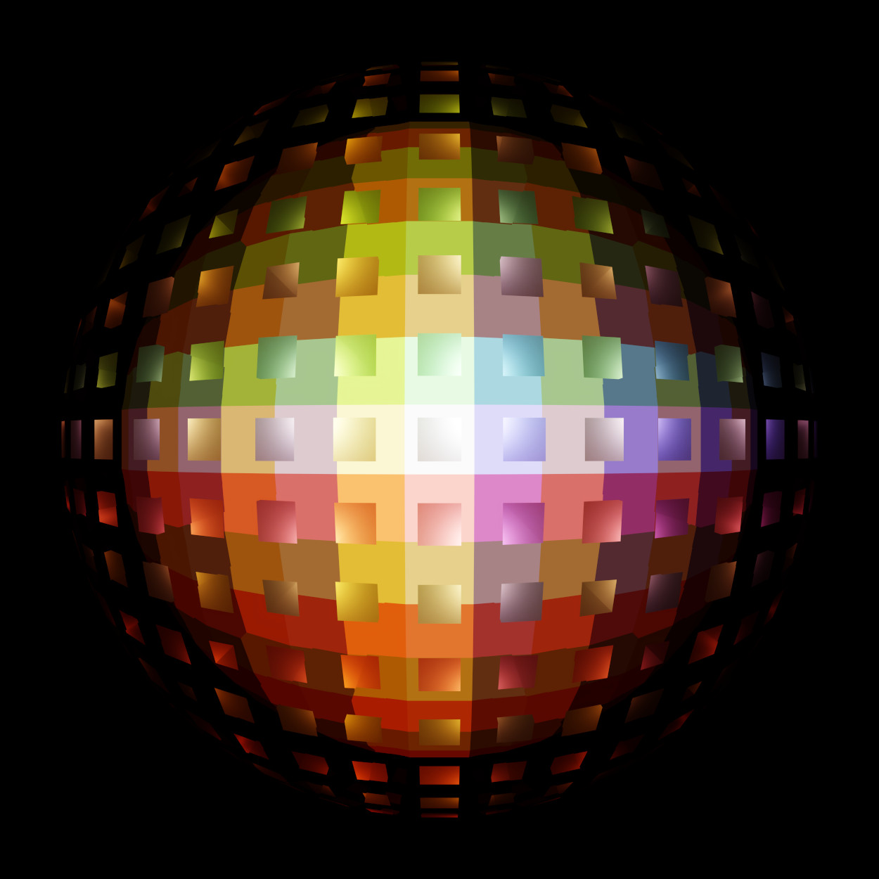 Virtual abstract scenery, Scenic abstract digital contemporary art, Raytracing, Computer-rendered image, 2024. Fine Art Print 50 x 50cm, mounted on Alu-Dibond®. Limited Edition 2/2. A white square located in the middle of four different colored mirrors is shining in many different colors. The reflections form a seemingly perfect sphere.